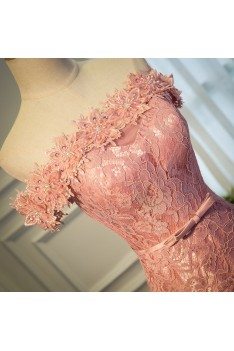 Pretty Pink Lace Off Shoulder Long Party Dress For Formal - MQD17044