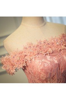 Pretty Pink Lace Off Shoulder Long Party Dress For Formal - MQD17044