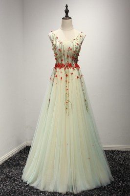 Different Long Yellow Prom Dress With Green Beading And Red Flowers - AKE18174
