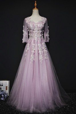 Gorgeous Purple A Line Lace Long Prom Dress With 3/4 Sleeves - MQD17043