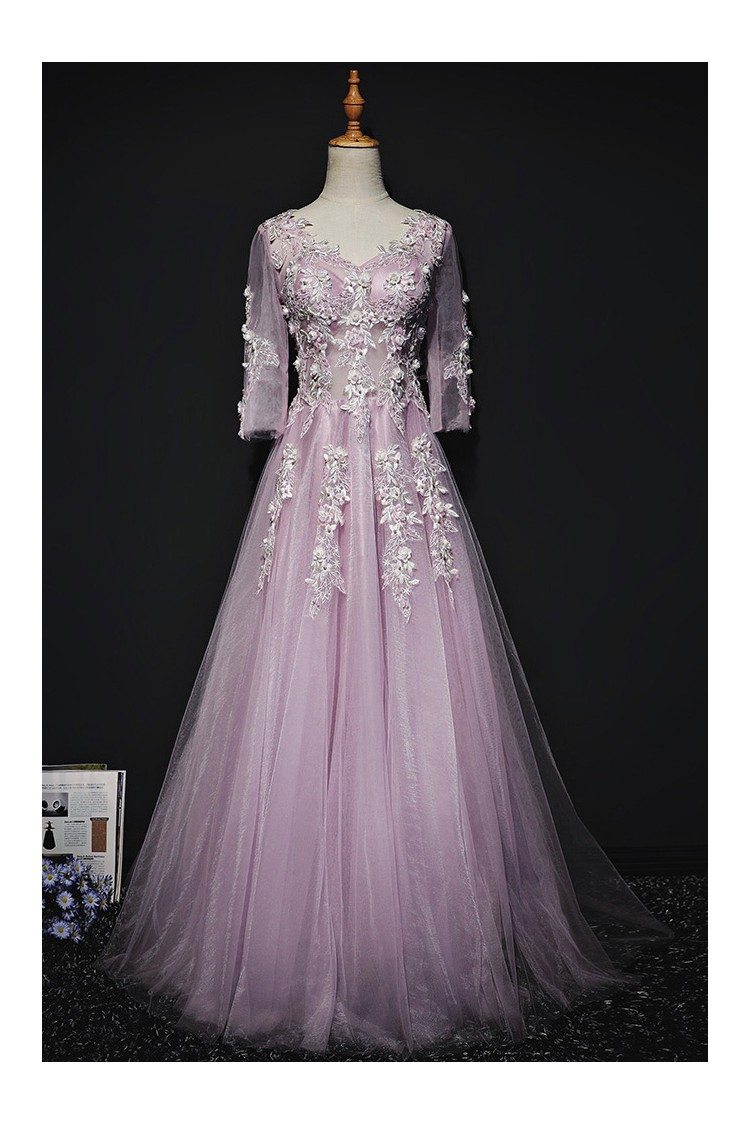 Gorgeous Purple A Line Lace Long Prom Dress With 3/4 Sleeves - $184.8 # ...