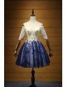 Chic Off Shoulder Sleeves Prom Dress In Printed Blue With Yellow Color - AKE18172