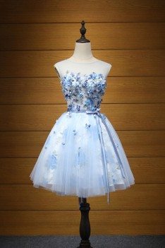 Cheap Short Blue Printed Homecoming Dress For Teens With Petals - AKE18171