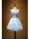 Cheap Short Blue Printed Homecoming Dress For Teens With Petals - AKE18171