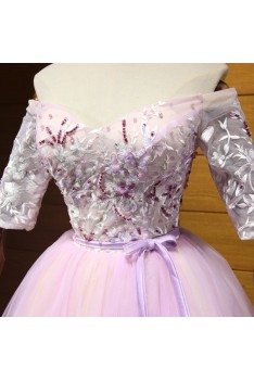 Vintage Off Shoulder Homecoming Dress Short Pink With Lace Beaded Sleeves - AKE18170