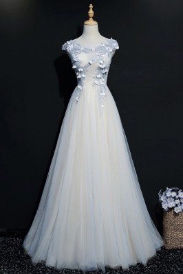 Blue A Line Long Tulle Prom Dress With Cap Sleeves - MQD17039