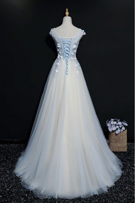 Blue A Line Long Tulle Prom Dress With Cap Sleeves - $151.8 #MQD17039 ...