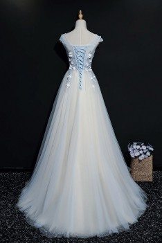 Blue A Line Long Tulle Prom Dress With Cap Sleeves - MQD17039