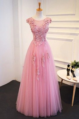 Gorgeous Pink Beaded Lace Long Tulle Prom Dress Sleeveless - MQD17036
