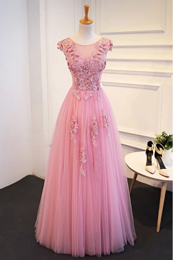 Gorgeous Pink Beaded Lace Long Tulle Prom Dress Sleeveless - MQD17036