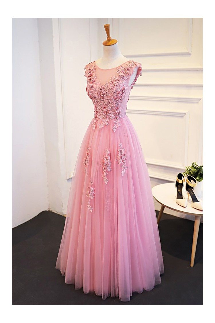 Gorgeous Pink Beaded Lace Long Tulle Prom Dress Sleeveless - $129.8 # ...