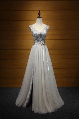 Long Slit V-neck Prom Dress Grey With Beading For Juniors - AKE18169