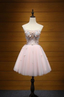 Strapless Short Pink Prom Dress For Homecoming With Lace Beading - AKE18168