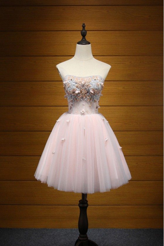 Strapless Short Pink Prom Dress For Homecoming With Lace Beading - AKE18168
