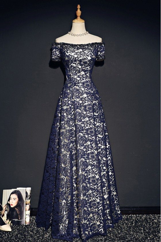 Navy Blue Off Shoulder Lace Prom Dress With Sleeves - MQD17034
