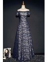 Navy Blue Off Shoulder Lace Prom Dress With Sleeves - MQD17034