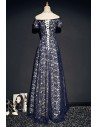Navy Blue Off Shoulder Lace Prom Dress With Sleeves - MQD17034