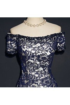 Navy Blue Off Shoulder Lace Prom Dress With Sleeves - MQD17034