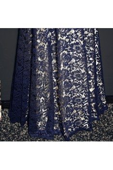 Navy Blue Off Shoulder Lace Prom Dress With Sleeves - MQD17034