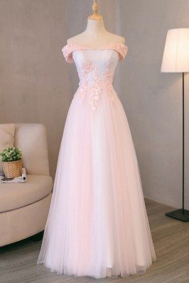 Pretty Pink Tulle Long Prom Dress Lace With Off Shoulder - MQD17029