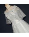 Gorgeous Grey Long Tulle Prom Dress For Curvy Girls With Butterfly Sleeves - MQD17028