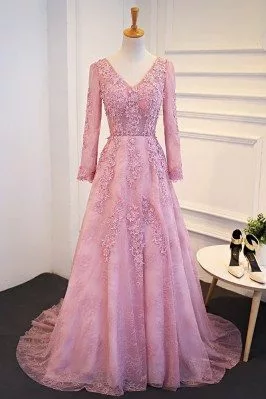 Elegant Lace Long Sleeve Prom Dress With V-neck Sweep Train - MQD17026