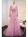 Elegant Lace Long Sleeve Prom Dress With V-neck Sweep Train - MQD17026
