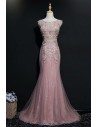 Sheath Pink Beaded Mermaid Long Prom Dress With Embroidery Sleeveless - MQD17001