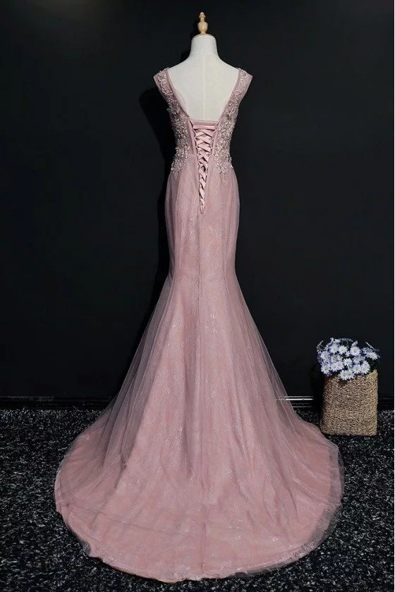 Sheath Pink Beaded Mermaid Long Prom Dress With Embroidery Sleeveless ...