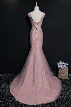 Sheath Pink Beaded Mermaid Long Prom Dress With Embroidery Sleeveless - MQD17001