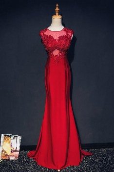Burgundy Lace Mermaid Long Formal Party Dress With Train - MQD17004