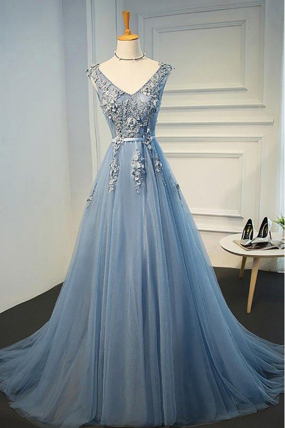 Gorgeous Dusty Blue V-neck Long Lace Prom Dress With Open Back - $121. ...