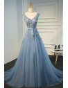Gorgeous Dusty Blue V-neck Long Lace Prom Dress With Open Back - MQD17005