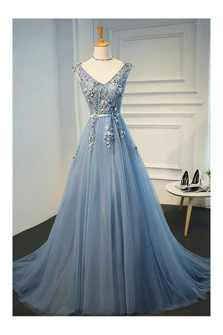 V-neck Long Lace Prom Dress ...