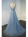 Gorgeous Dusty Blue V-neck Long Lace Prom Dress With Open Back - MQD17005