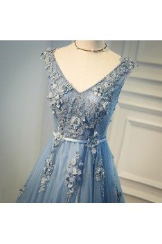 Gorgeous Dusty Blue V-neck Long Lace Prom Dress With Open Back - MQD17005