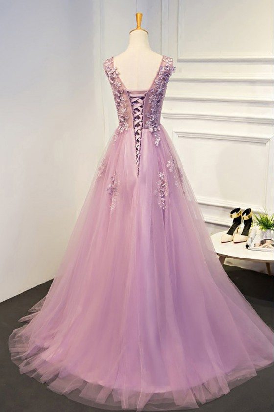 Beautiful Light Purple Beaded Lace Long Prom Dress Tulle - $152.9 #