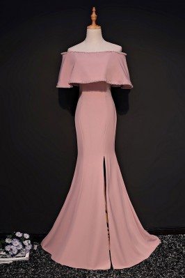 Sheath Off The Shoulder Pink Mermaid Formal Dress With Slit - MQD17008