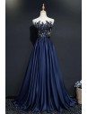 Navy Blue Sequined Lace Long Prom Dress Formal Sweep Train - MQD17010
