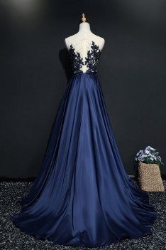 Navy Blue Sequined Lace Long Prom Dress Formal Sweep Train - MQD17010