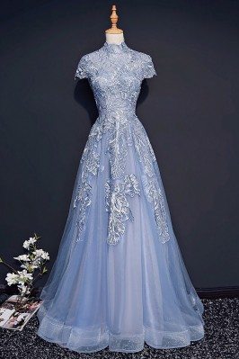 Unique Retro Blue High Neck Lace Prom Dress Long With Short Sleeves - MQD17011