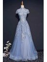Unique Retro Blue High Neck Lace Prom Dress Long With Short Sleeves - MQD17011