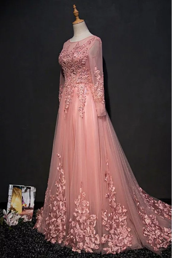 Beautiful Pink Long Sleeve Prom Dress With Lace Petals