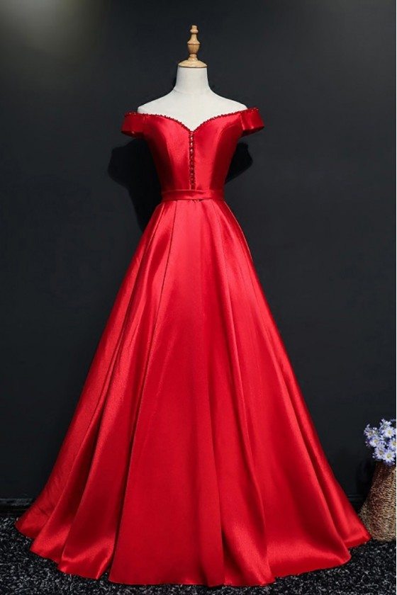 Simple Burgundy Off Shoulder Long Satin Prom Dress With Sleeves - MQD17013