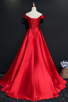 Simple Burgundy Off Shoulder Long Satin Prom Dress With Sleeves - MQD17013