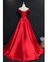 Simple Burgundy Off Shoulder Long Satin Prom Dress With Sleeves - MQD17013
