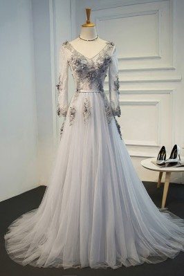 Elegant Grey A Line Formal Long Prom Dress With Long Tulle Sleeves - MQD17014