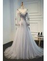 Elegant Grey A Line Formal Long Prom Dress With Long Tulle Sleeves - MQD17014