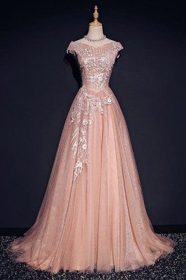 Pink Formal Long Tulle Prom Dress With Cap Sleeves Long Train - MQD17016