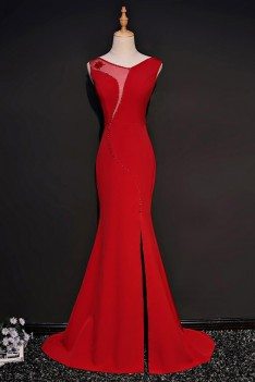Unique Red Fitted Mermaid Formal Dress With Slit - MQD17019